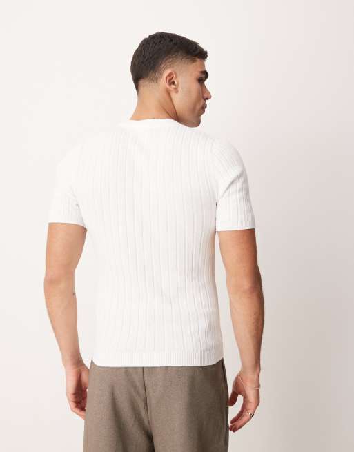 ASOS DESIGN - T-shirt attillata leggera in maglia bianca a coste, 3 di 4