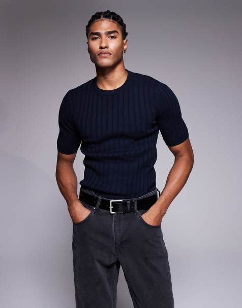 ASOS DESIGN - T-shirt attillata leggera in maglia blu navy a coste - view 1