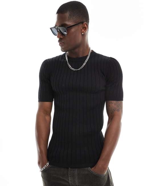 ASOS DESIGN T shirt attillata leggera in maglia nera a coste ASOS