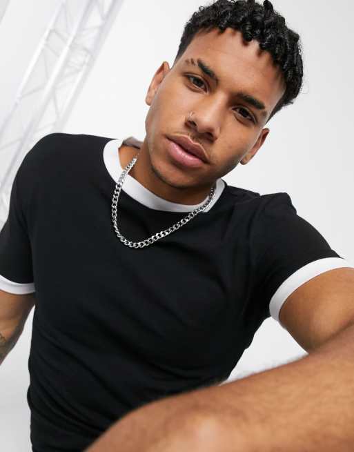 ASOS DESIGN - T-shirt attillata nera con maniche bianche a contrasto e collo a coste