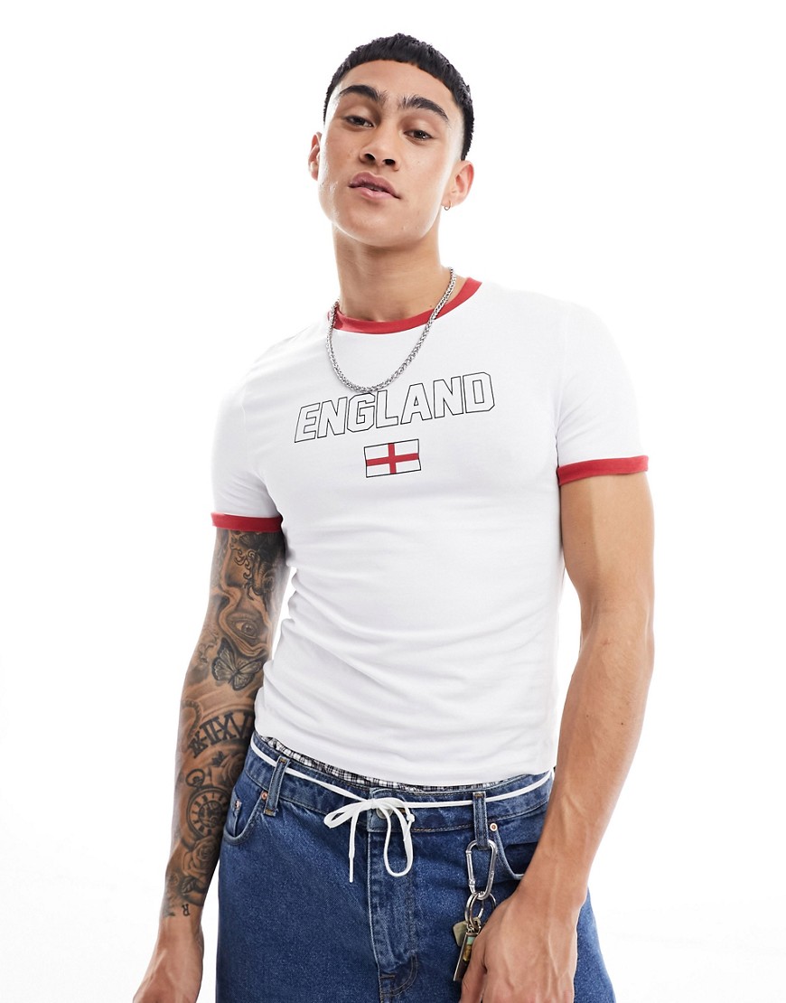 asos design - t-shirt attillata stile football con stampa dell'inghilterra-bianco