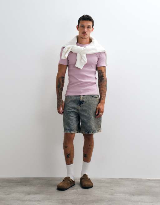 ASOS DESIGN - T-shirt attillata viola a coste, 4 di 5