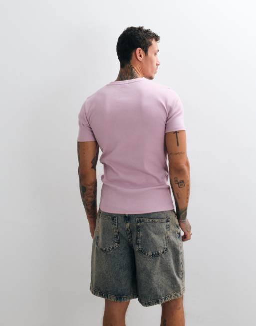 ASOS DESIGN - T-shirt attillata viola a coste, 5 di 5