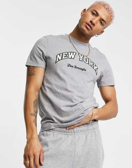 Asos Design T Shirt Aus Baumwolle In Kalkgrau Mit „new York” Cityprint Grey Asos 9985