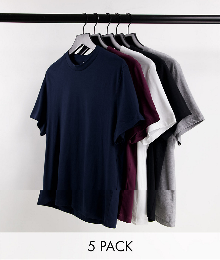 ASOS DESIGN – T-Shirt aus Bio-Material mit Rundhalsausschnitt im 5er-Pack-Mehrfarbig