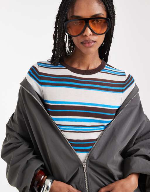 ASOS DESIGN – T-Shirt aus durchscheinendem Strick in Blau gestreift, 2 von 8
