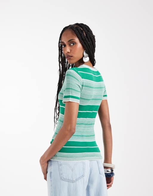 ASOS DESIGN – T-Shirt aus durchscheinendem Strick in Grün gestreift, 3 von 7