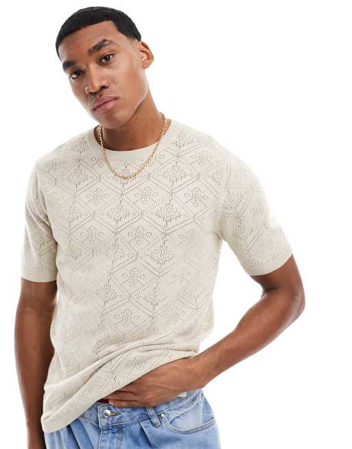 ASOS DESIGN – T-Shirt aus Häkelstrick in Steinbeige mit Rundhalsausschnitt