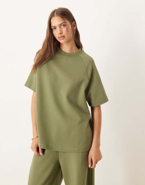 ASOS DESIGN – T-Shirt aus Interlock-Jersey in Khaki mit Raglanärmeln, Kombiteil - view 1