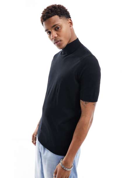 ASOS DESIGN – T-Shirt aus leichtem Baumwollstrick in Schwarz mit Stehkragen - view 1