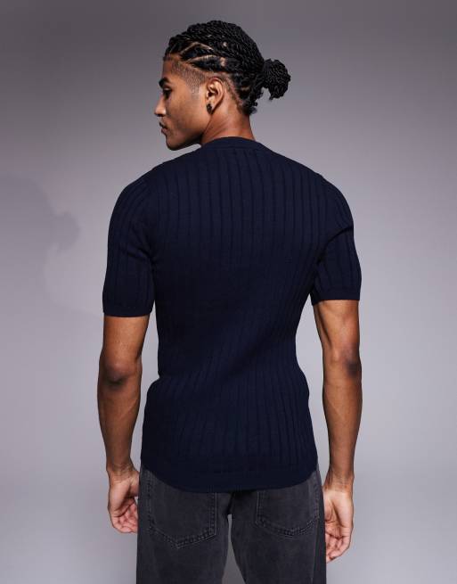 ASOS DESIGN – T-Shirt aus leichtem Rippstrick mit Muskelschnitt in Marineblau, 3 von 5