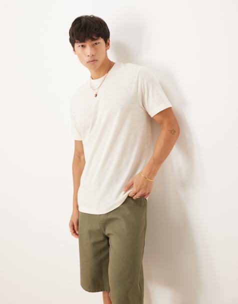 ASOS DESIGN – T-Shirt aus Leinenmix in Creme mit Rundhalsausschnitt - view 1