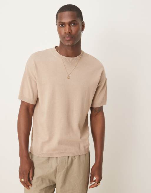 ASOS DESIGN – T-Shirt aus mittelschwerem Baumwollstrick in Steinbeige mit lockerem, kastigem Schnitt