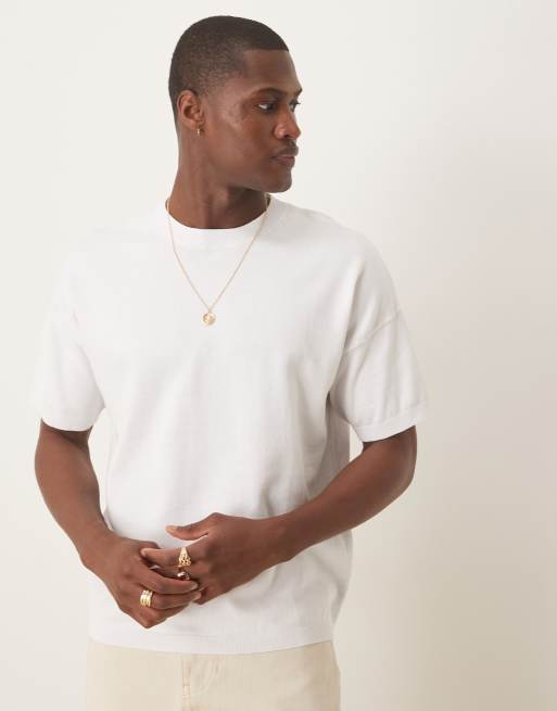 ASOS DESIGN – T-Shirt aus mittelschwerem Baumwollstrick in Weiß mit lockerem, kastigem Schnitt