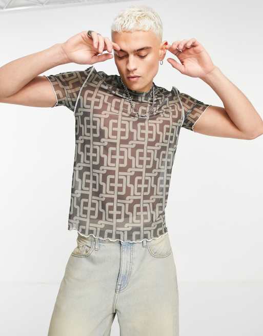 ASOS DESIGN – T-Shirt aus Netzstoff in Braun gemustert