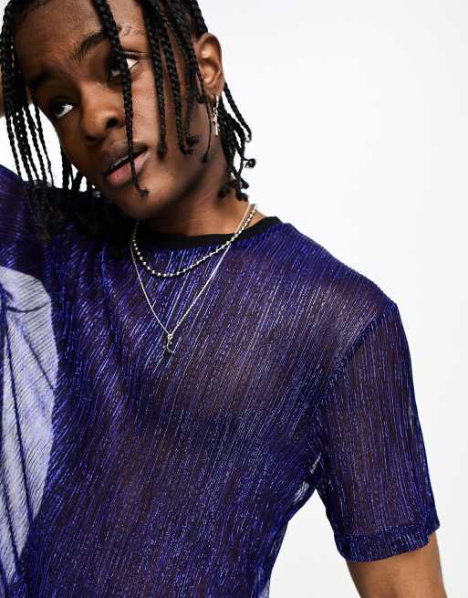 ASOS DESIGN – T-Shirt aus Netzstoff in Metallic-Blau