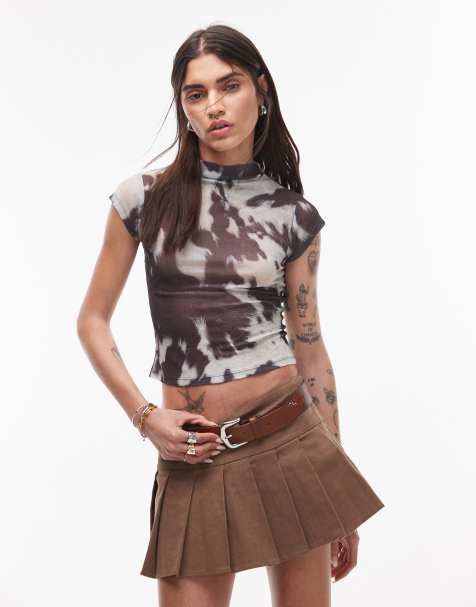 ASOS DESIGN – T-Shirt aus Netzstoff mit Zwiebelstruktur in Braun mit Animalprint und Stehkragen - view 1