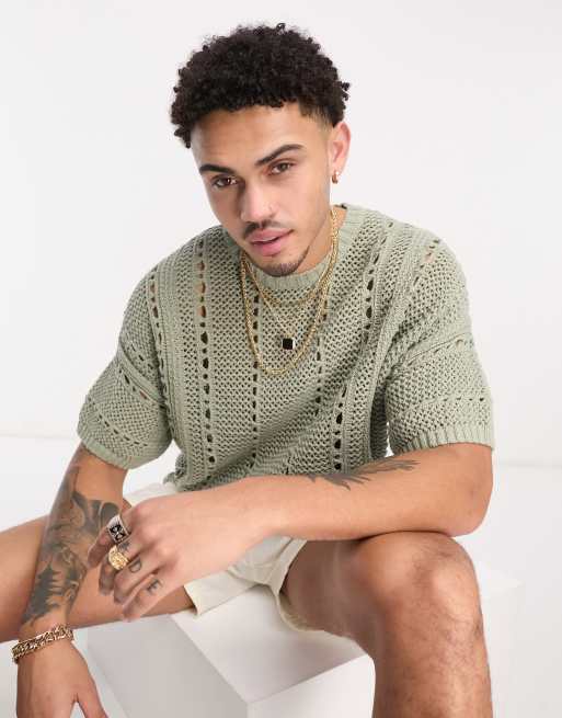 ASOS DESIGN – T-Shirt aus Pointelle-Strick in Salbeigrün