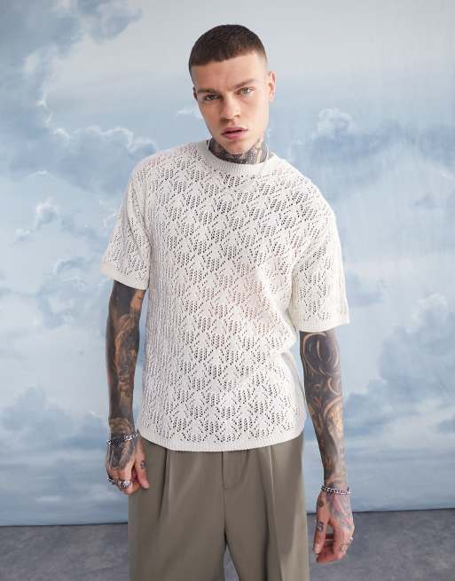 ASOS DESIGN – T-Shirt aus Strick in Wollweiß mit Lochmuster in Oversize-Passform