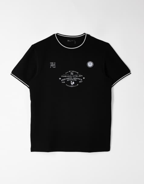 ASOS DESIGN – T-Shirt aus superschwerem Stoff in Schwarz mit kontrastierenden Abschlüssen und Sportprint - view 1