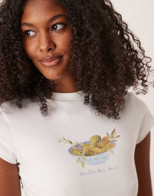 ASOS DESIGN - T-shirt baby color panna con stampa di olive, 3 di 4
