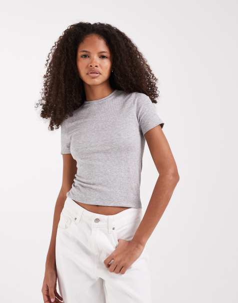 ASOS DESIGN - T-shirt baby girocollo bra free grigio mélange a coste senza cuciture - view 1