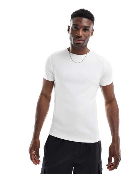 ASOS DESIGN - T-shirt basic attillata color crema a coste - view 1