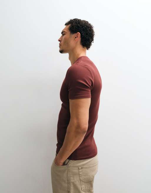 ASOS DESIGN - T-shirt basic attillata marrone a coste, 5 di 5