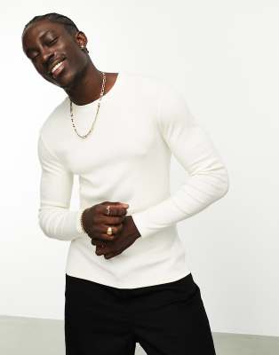 ASOS DESIGN - T-shirt basique moulant en tissu côtelé à manches longues - Écru