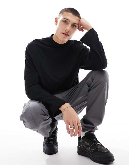ASOS DESIGN - T-shirt basique oversize à col montant et à manches longues - Noir