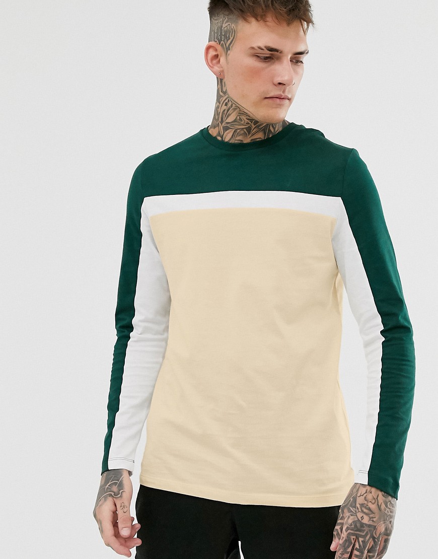 ASOS DESIGN - T-shirt beige a maniche lunghe con pannelli colour block