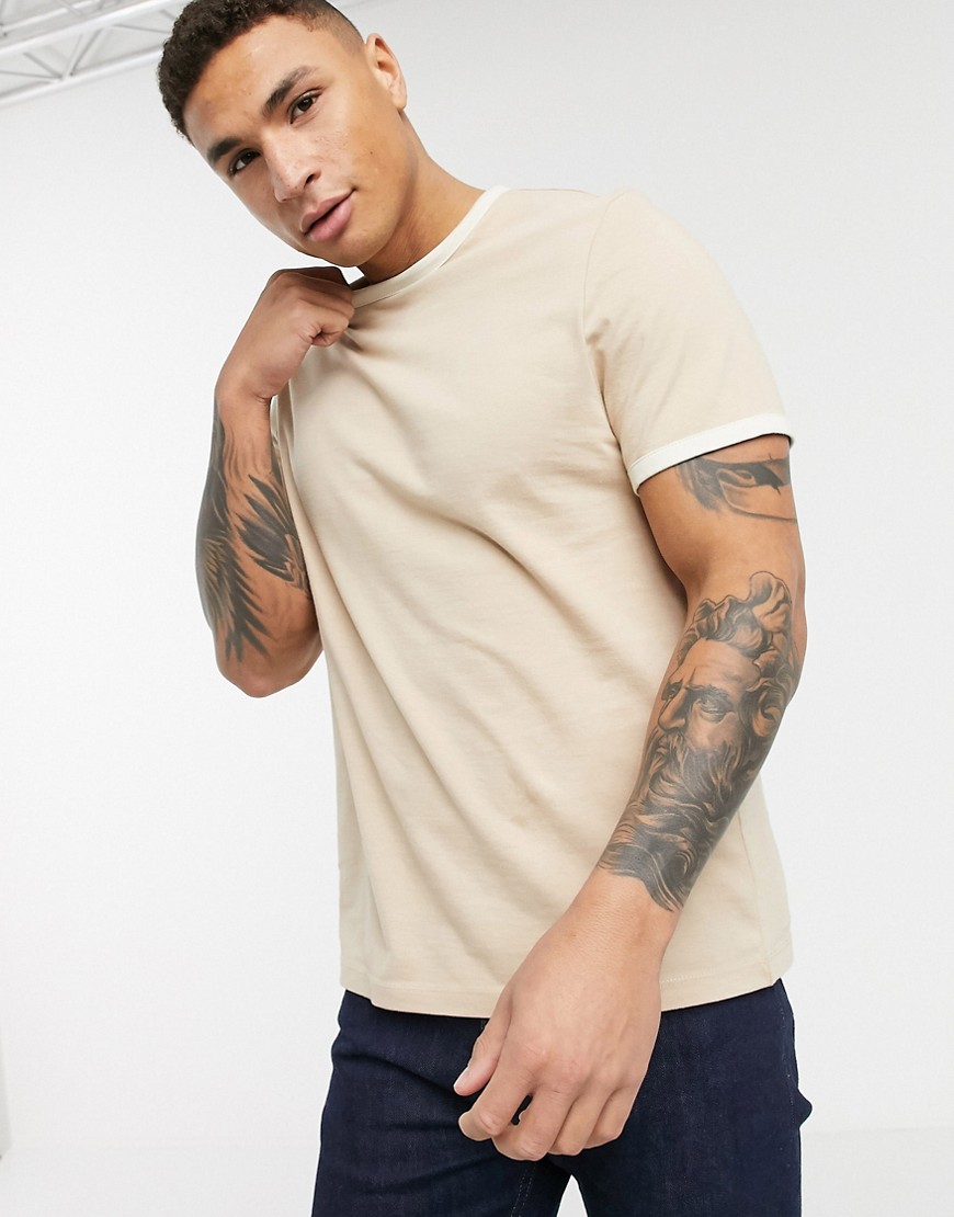 ASOS DESIGN - T-shirt beige con bordi a contrasto in tessuto organico