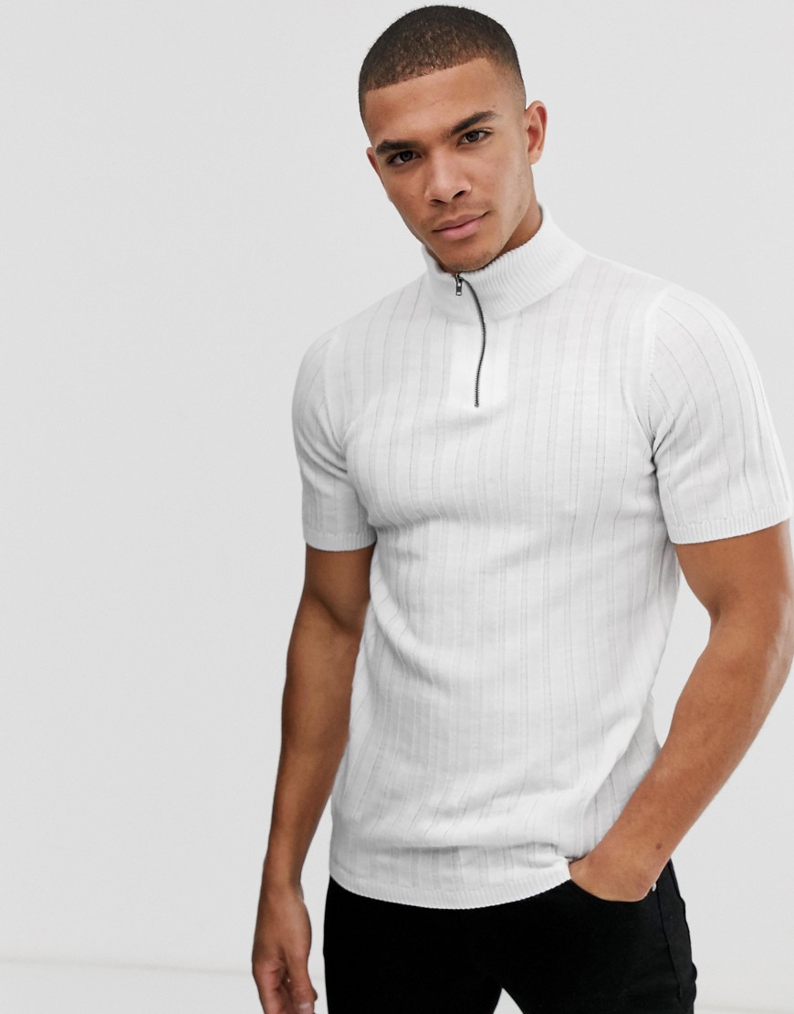 ASOS DESIGN - T-shirt bianca attillata in maglia con zip corta-Bianco