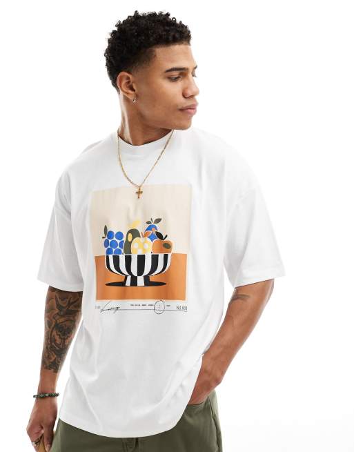 ASOS DESIGN - T-shirt bianca oversize con stampa di ciotola con frutta sul davanti