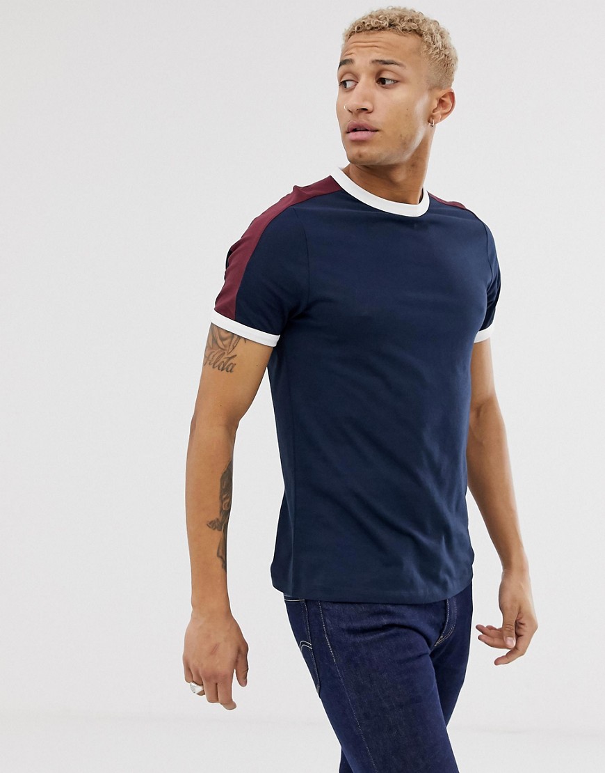 ASOS DESIGN - T-shirt biologica blu navy con pannelli a contrasto sulle spalle