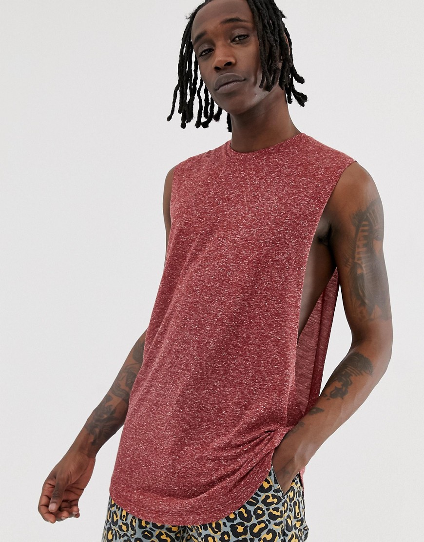 ASOS DESIGN - T-shirt bordeaux comoda senza maniche in misto lino con giromanica molto ampio-Rosso