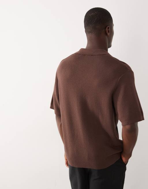 ASOS DESIGN - T-shirt boutonné en maille avec col à revers et imprimé graphique - Marron, 5 de 5