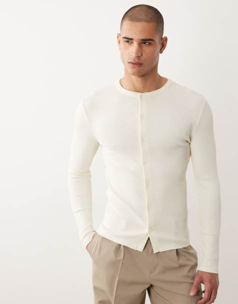 ASOS DESIGN - T-shirt boutonné moulant à manches longues - Crème - view 1