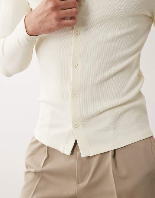 ASOS DESIGN - T-shirt boutonné moulant à manches longues - Crème, 4 de 5
