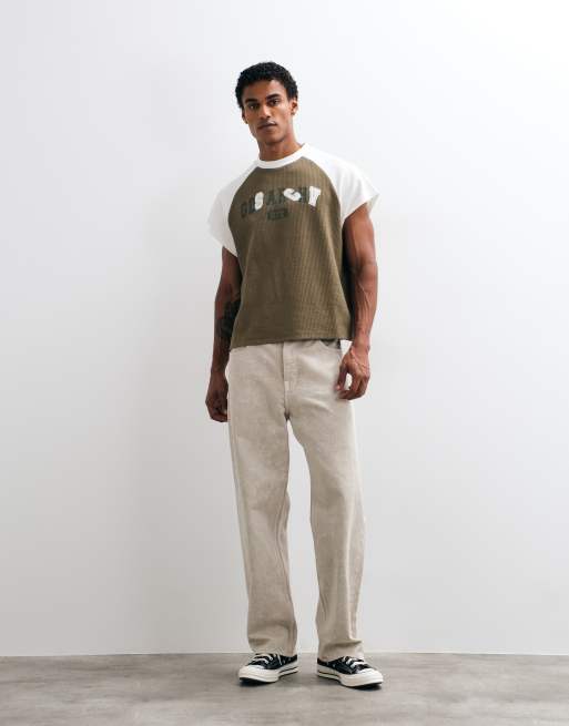 ASOS DESIGN t-shirt boxy oversize à manches raglan avec imprimé kaki et seersucker crème, 2 de 5