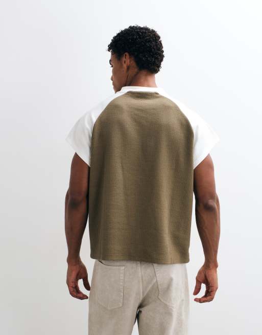ASOS DESIGN t-shirt boxy oversize à manches raglan avec imprimé kaki et seersucker crème, 5 de 5