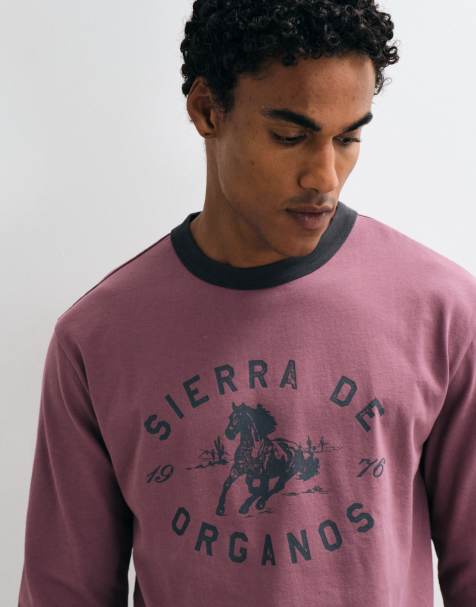 ASOS DESIGN t-shirt boxy relaxed à manches longues style ringer avec motif cheval, rose délavé - view 1