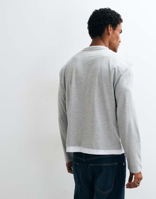 ASOS DESIGN T-shirt boxy relaxed a maniche lunghe con doppio collo grigio mélange, 4 di 5