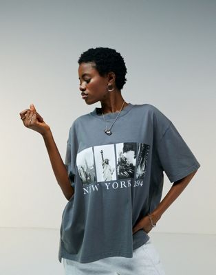 ASOS DESIGN boyfriend fit t-shirt with new york 1994 graphic in washed charcoal - ASOS Price Checker