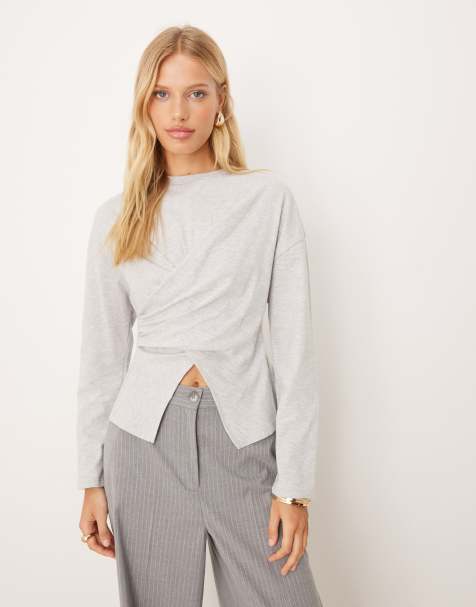 ASOS DESIGN - T-shirt cache-cœur à manches longues - Gris chiné - view 1