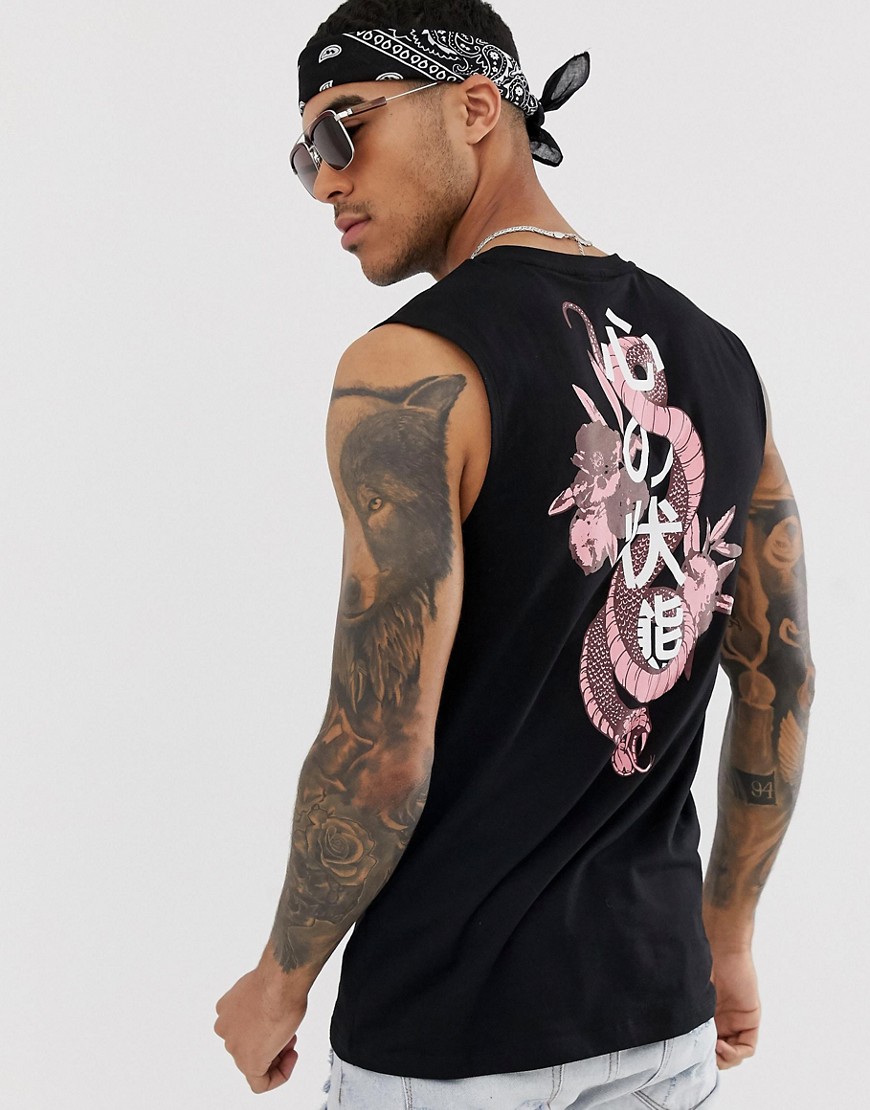 ASOS DESIGN - T-shirt classica in cotone organico senza maniche con dragone sul retro-Nero