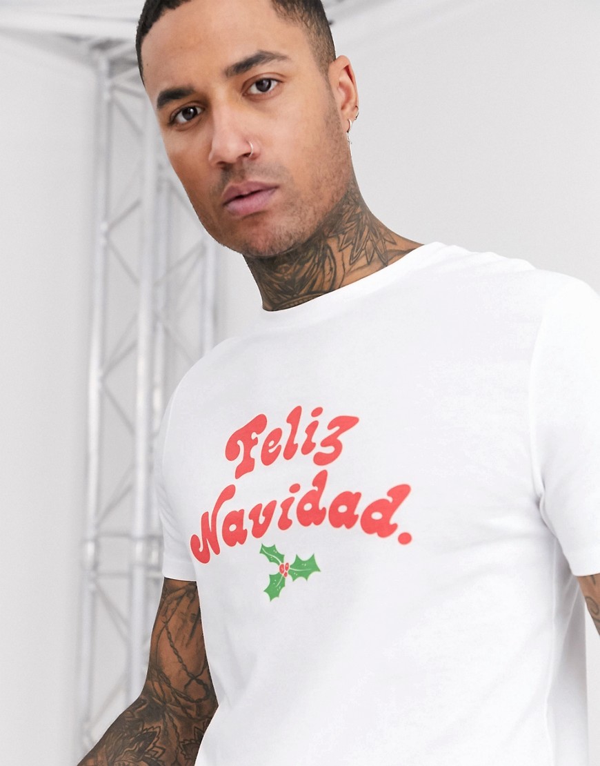 ASOS DESIGN - T-shirt classica natalizia con scritta sul petto-Bianco