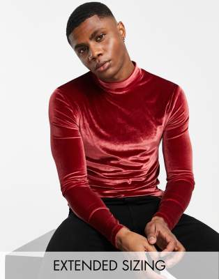 ASOS DESIGN - T-shirt col roulé moulant à manches longues en velours - Bordeaux