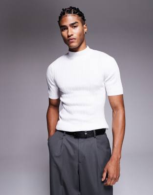 ASOS DESIGN - T-shirt col roulé moulant en maille côtelée - Blanc