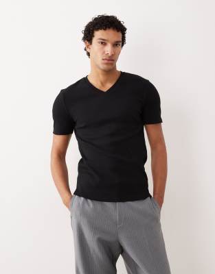 ASOS DESIGN - T-shirt col V moulant côtelé - Noir